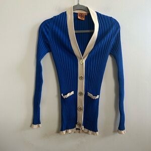 Tory Burch blue cream cardigan small